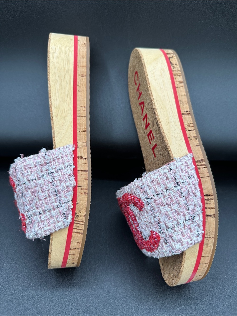 CHANEL Pink Tweed Slide Sandals with Red CC Emblem - Picture 2 of 6